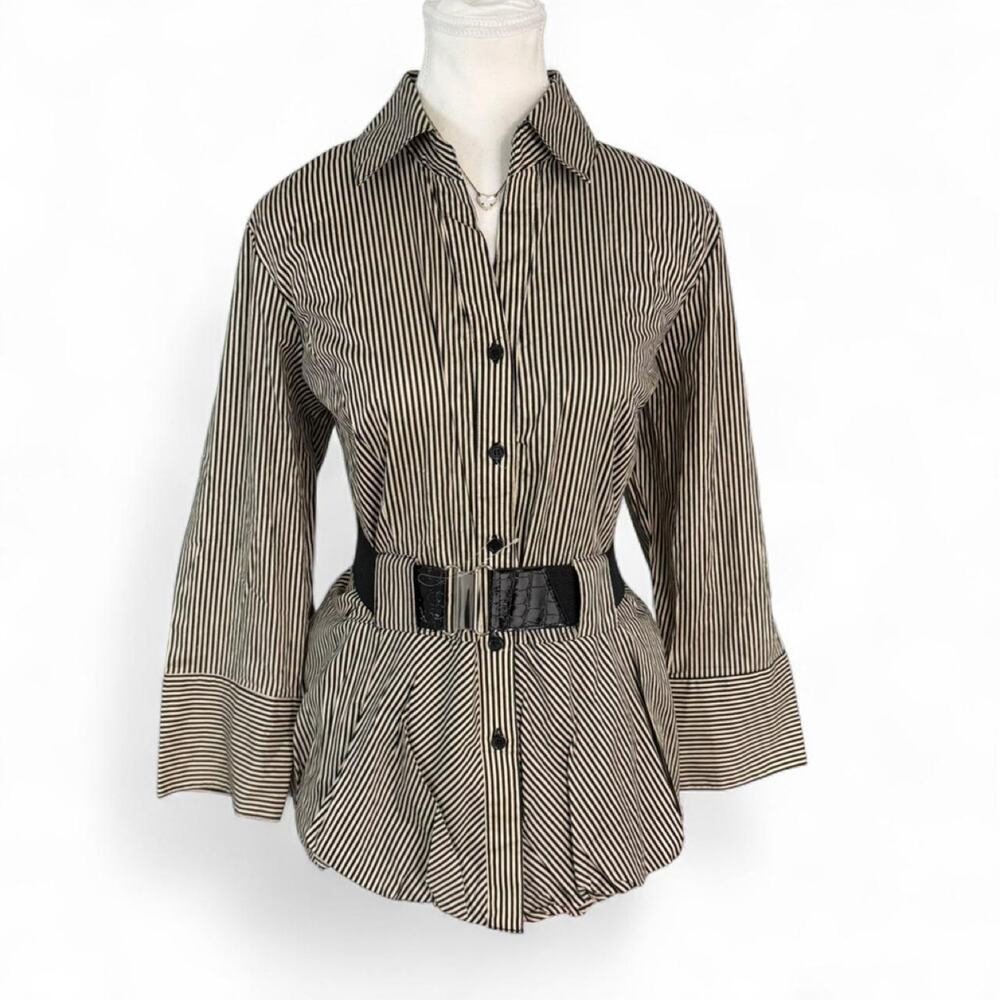 Hester & Orchard black and beige vertical striped shirt with belt size Large